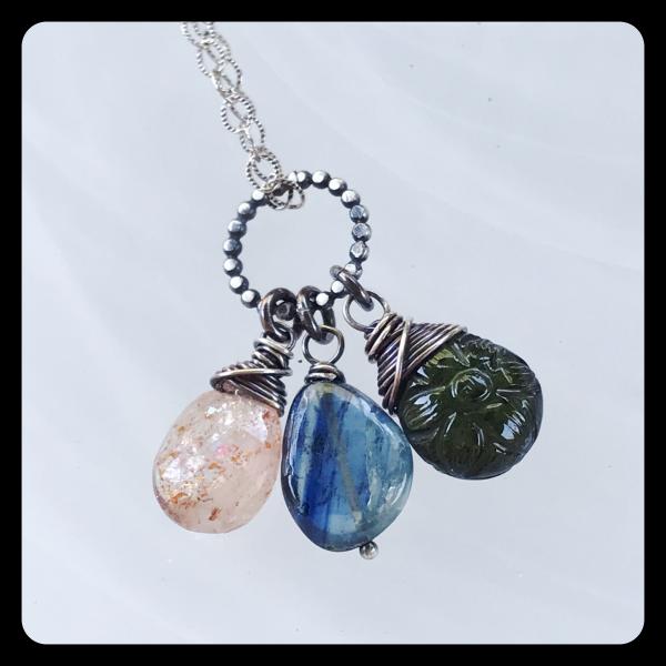 Oregon Sunstone, Tourmaline, Kyanite Cluster Necklace- sterling silver picture