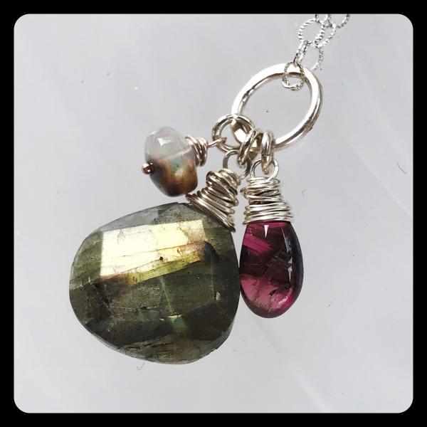 Labradorite, Tourmaline, Ethiopian Opal Cluster Necklace- sterling silver picture