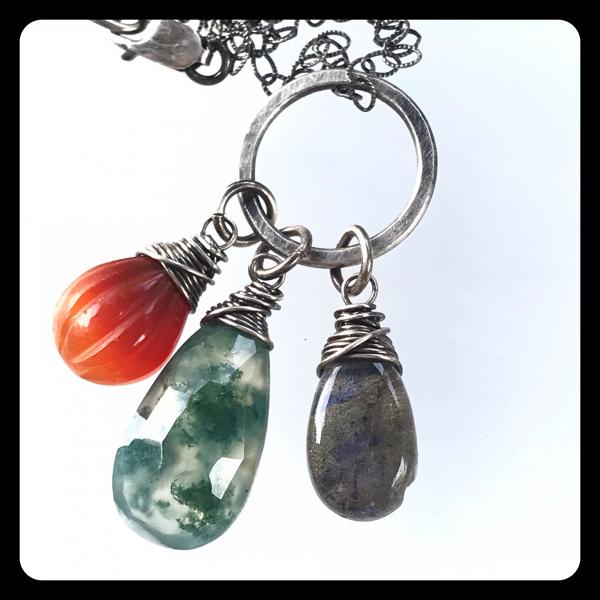 Labradorite, Carnelian, Moss Agate Cluster Necklace- sterling silver picture
