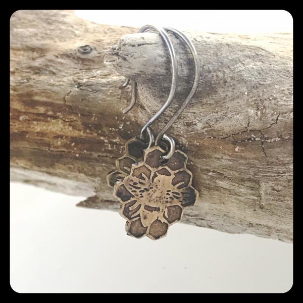 Bee and Honeycomb Etched Brass and Sterling Silver Earrings picture