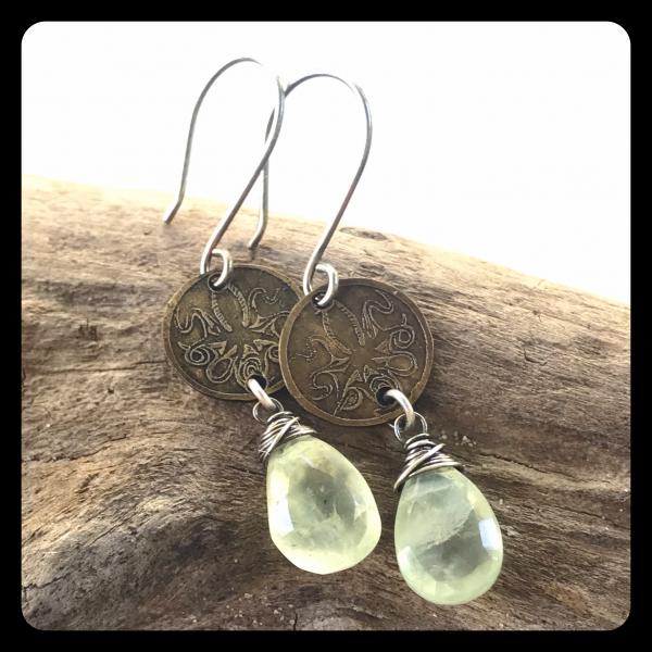 Prehnite Octopus Etched Brass and Sterling Silver Earrings picture