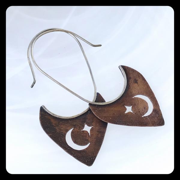 Copper Tooth Earring with Crescent Moon and Star Silhouette cut out picture