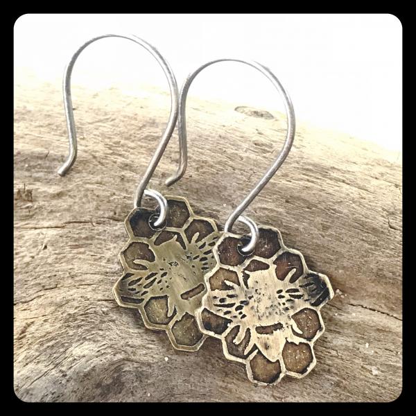 Bee and Honeycomb Etched Brass and Sterling Silver Earrings picture