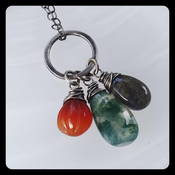 Labradorite, Carnelian, Moss Agate Cluster Necklace- sterling silver picture