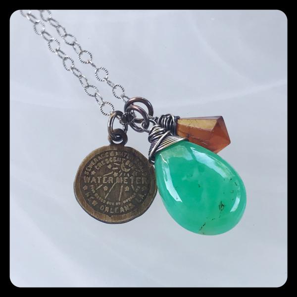 Chrysoprase, Hessonite Garnet, NOLA Water Meter Cluster Necklace- sterling silver picture