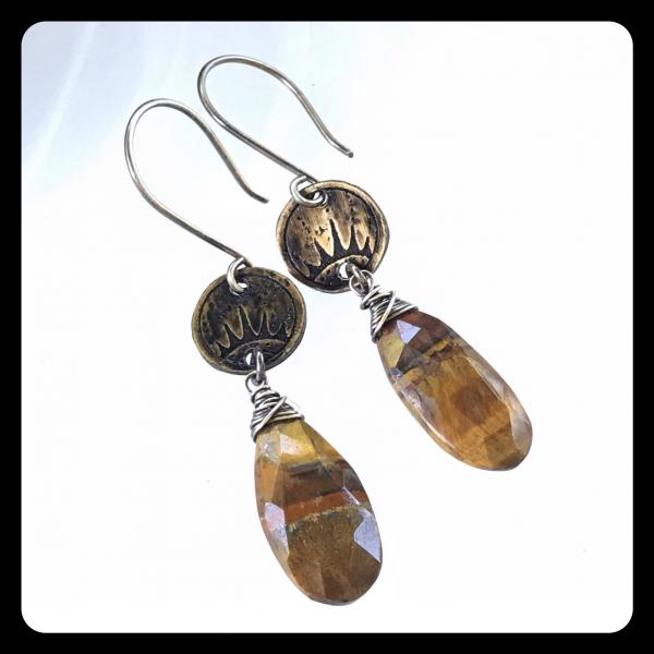 Tigers Eye Sunrise Etched Copper and Sterling Silver Earrings picture