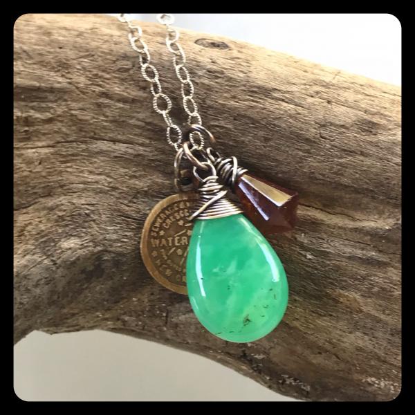 Chrysoprase, Hessonite Garnet, NOLA Water Meter Cluster Necklace- sterling silver picture