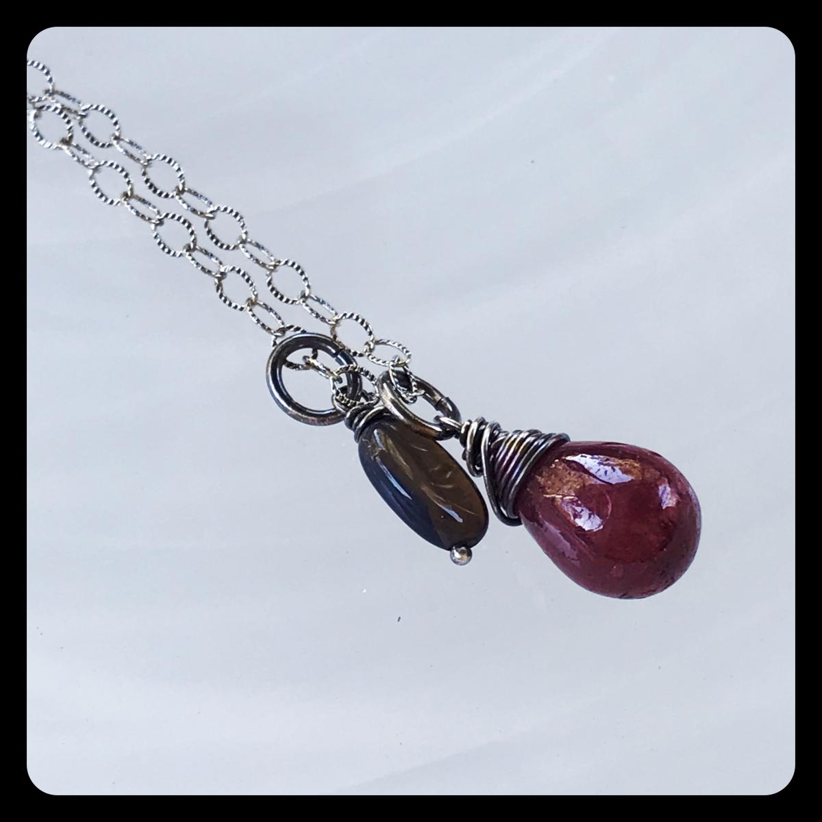 Black Ethiopian Opal, Ruby Cluster Necklace- sterling silver picture