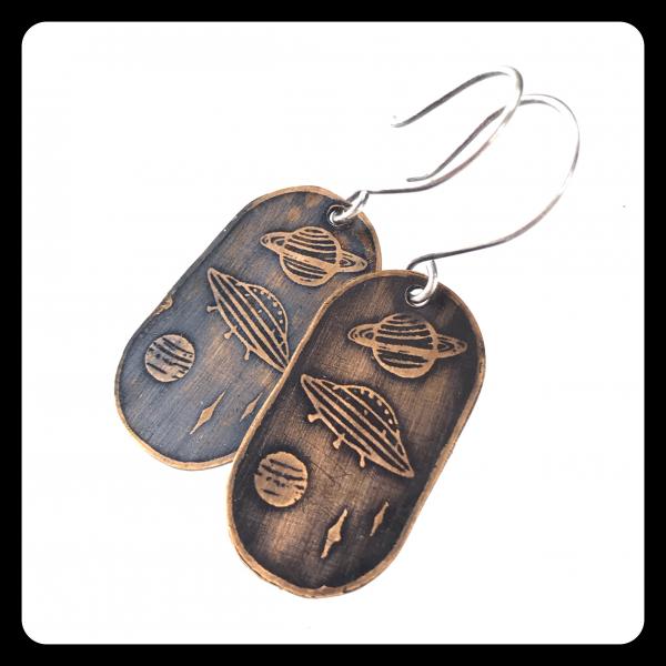 Solar System Alien Fly By Etched Copper and Sterling Silver Earrings picture