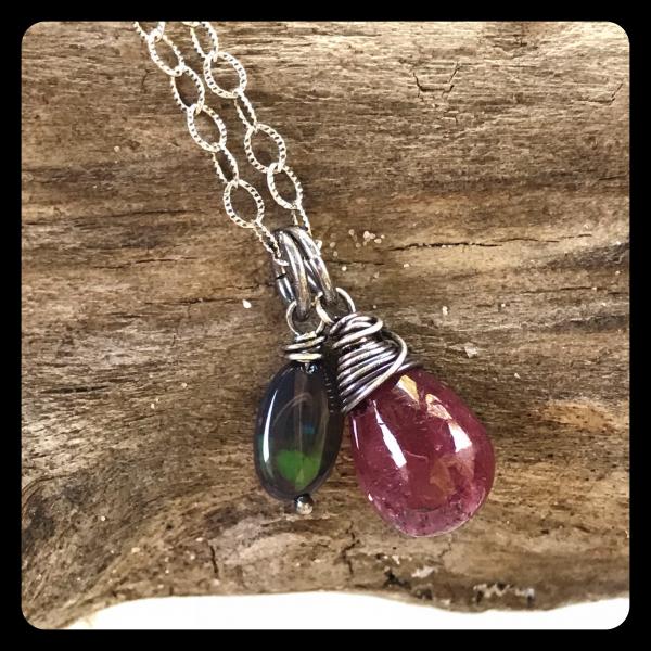 Black Ethiopian Opal, Ruby Cluster Necklace- sterling silver picture