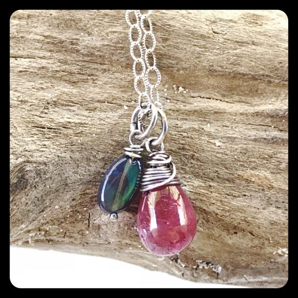 Black Ethiopian Opal, Ruby Cluster Necklace- sterling silver picture