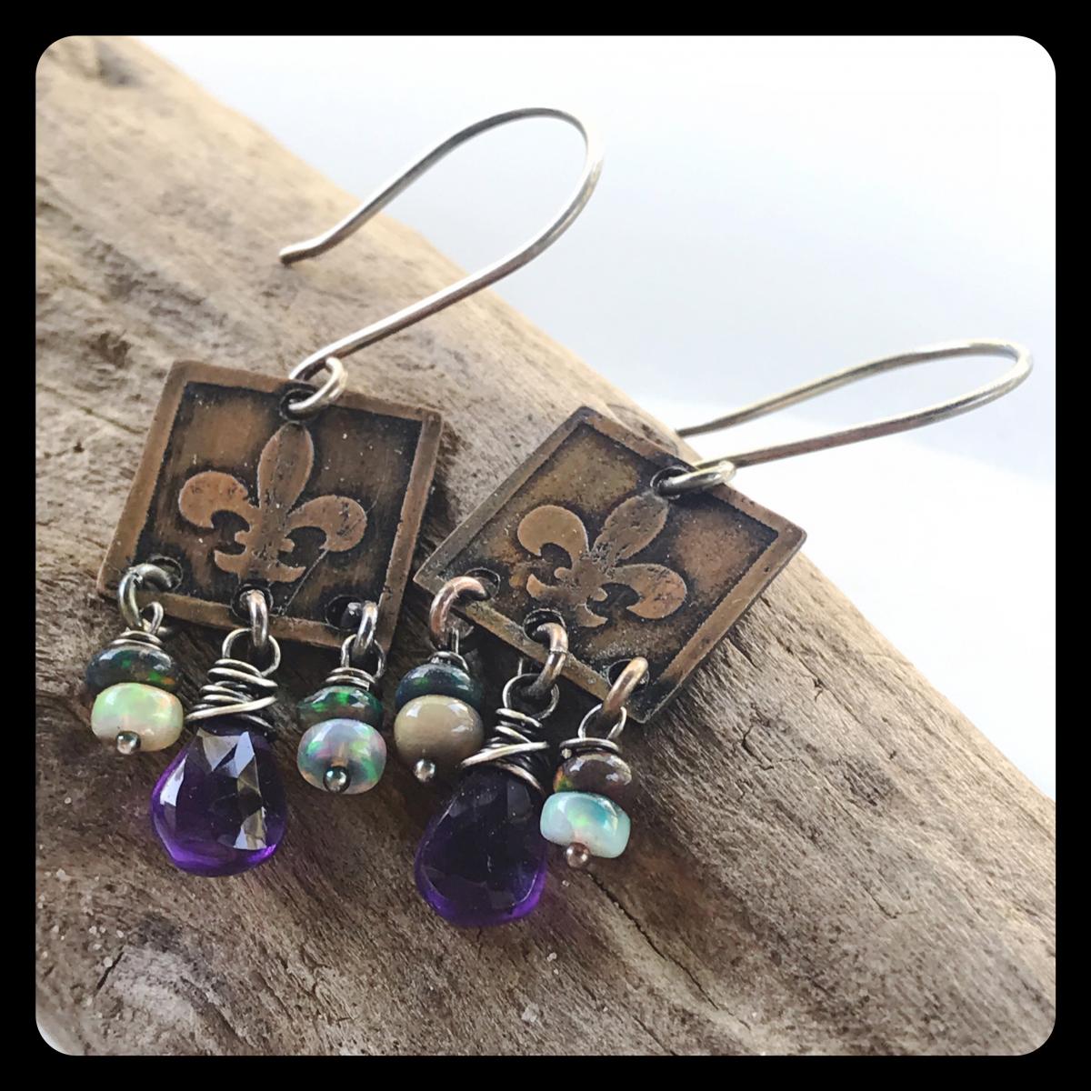 Amethyst Ethiopian Opal Fleur de Lis Etched Copper and Sterling Silver Earrings picture