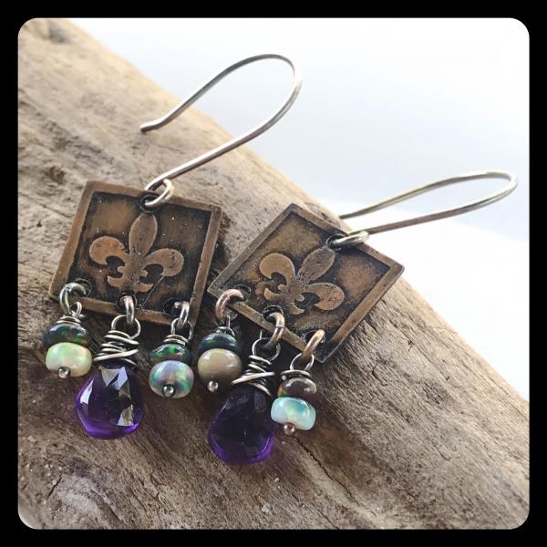 Amethyst Ethiopian Opal Fleur de Lis Etched Copper and Sterling Silver Earrings picture