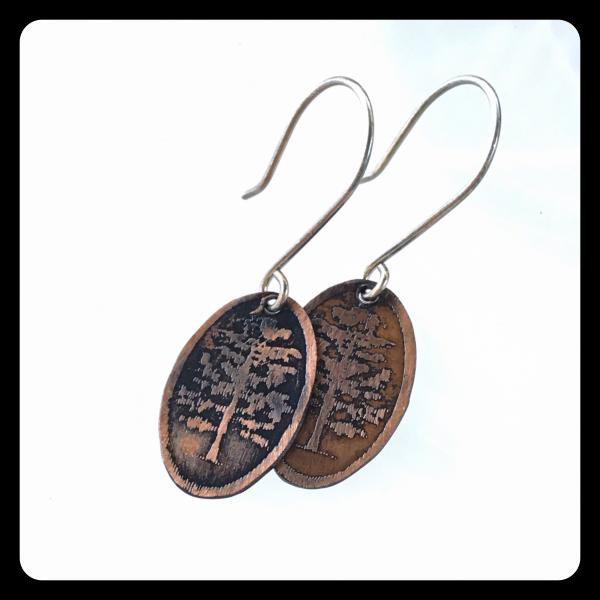 Cypress Tree Etched Copper and Sterling Silver Earrings picture