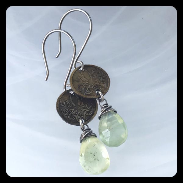 Prehnite Octopus Etched Brass and Sterling Silver Earrings picture