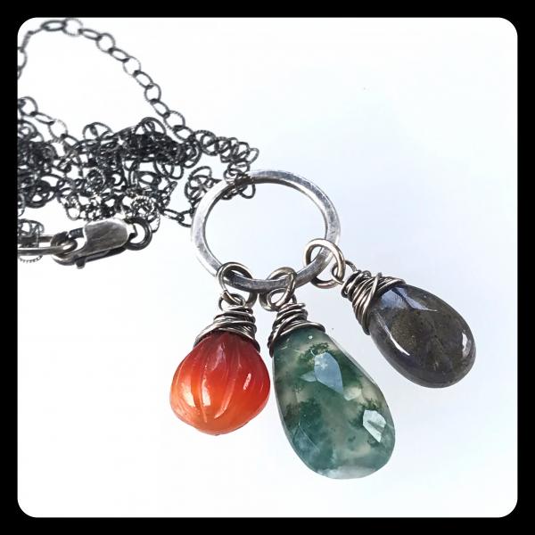 Labradorite, Carnelian, Moss Agate Cluster Necklace- sterling silver picture