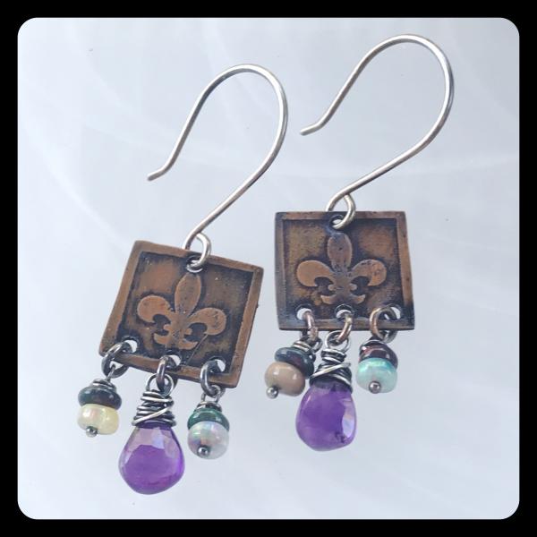 Amethyst Ethiopian Opal Fleur de Lis Etched Copper and Sterling Silver Earrings picture