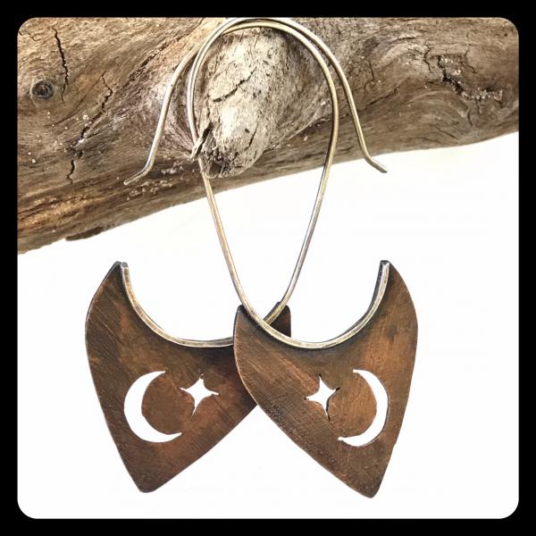Copper Tooth Earring with Crescent Moon and Star Silhouette cut out picture
