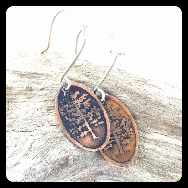 Cypress Tree Etched Copper and Sterling Silver Earrings picture