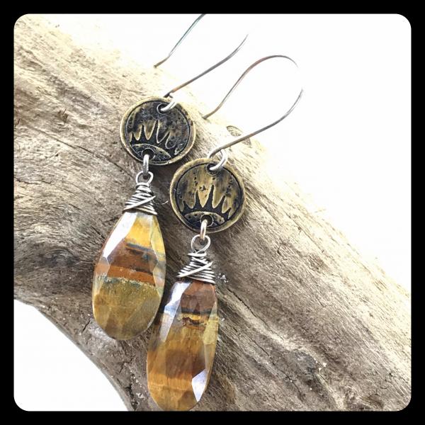 Tigers Eye Sunrise Etched Copper and Sterling Silver Earrings picture