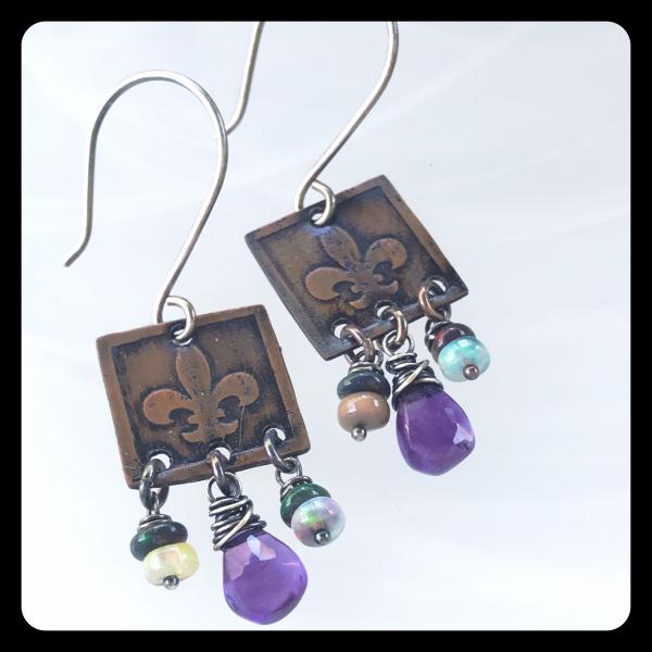 Amethyst Ethiopian Opal Fleur de Lis Etched Copper and Sterling Silver Earrings picture