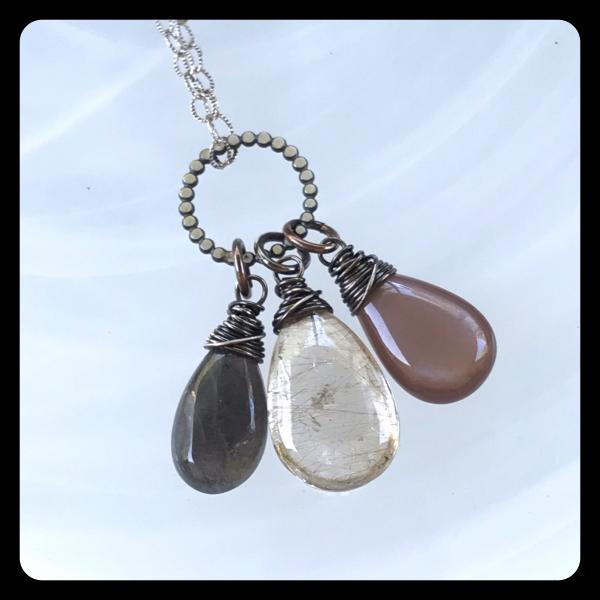 Rutilated Quartz, Labradorite, Moonstone Necklace on sterling silver