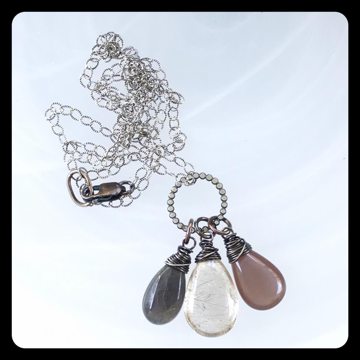Rutilated Quartz, Labradorite, Moonstone Necklace on sterling silver picture