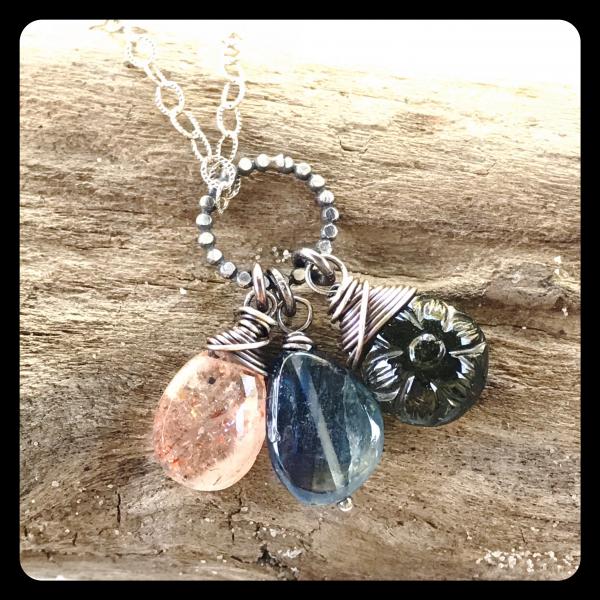 Oregon Sunstone, Tourmaline, Kyanite Cluster Necklace- sterling silver picture