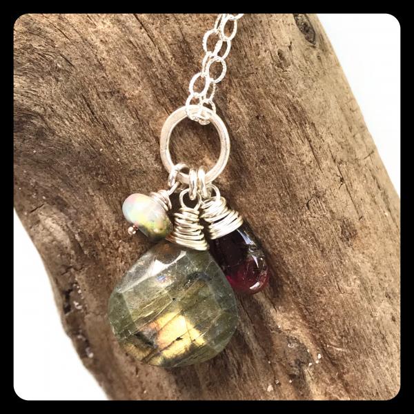 Labradorite, Tourmaline, Ethiopian Opal Cluster Necklace- sterling silver picture