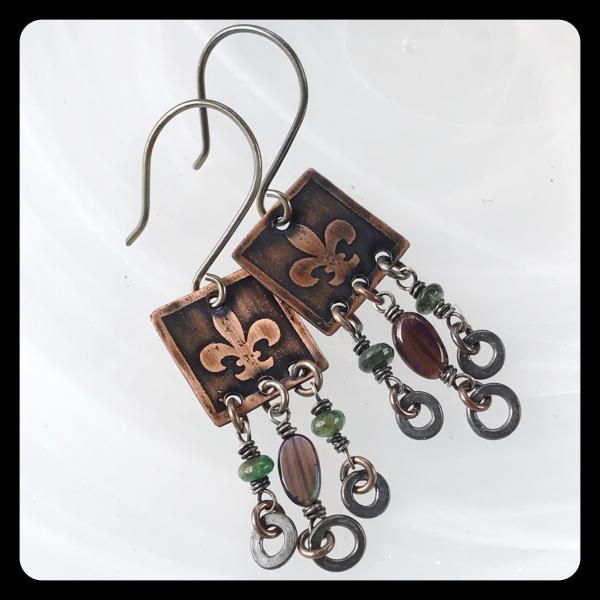 Emerald Ethiopian Opal Fleur de Lis Etched Copper and Sterling Silver Earrings picture