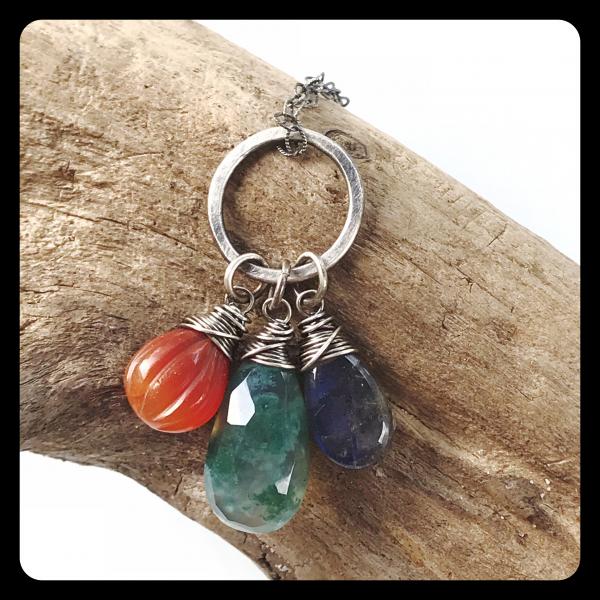 Labradorite, Carnelian, Moss Agate Cluster Necklace- sterling silver picture