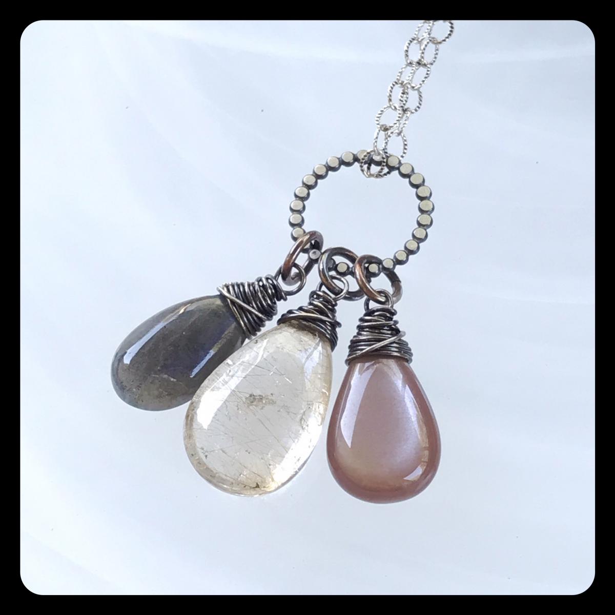Rutilated Quartz, Labradorite, Moonstone Necklace on sterling silver picture