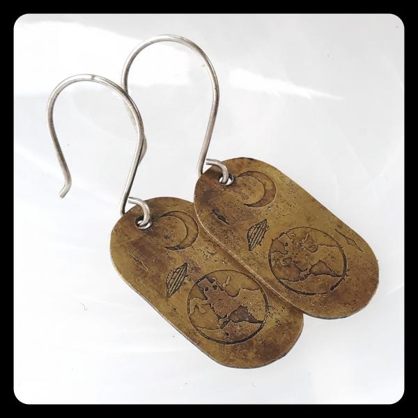 UFO Visits Earth Etched Copper and Sterling Silver Earrings picture