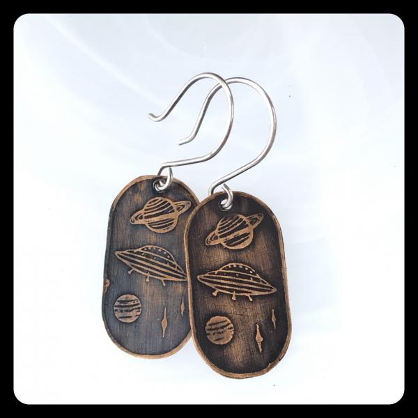 Solar System Alien Fly By Etched Copper and Sterling Silver Earrings picture