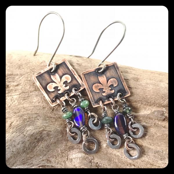 Emerald Ethiopian Opal Fleur de Lis Etched Copper and Sterling Silver Earrings picture