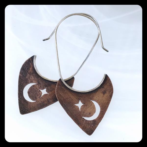 Copper Tooth Earring with Crescent Moon and Star Silhouette cut out picture