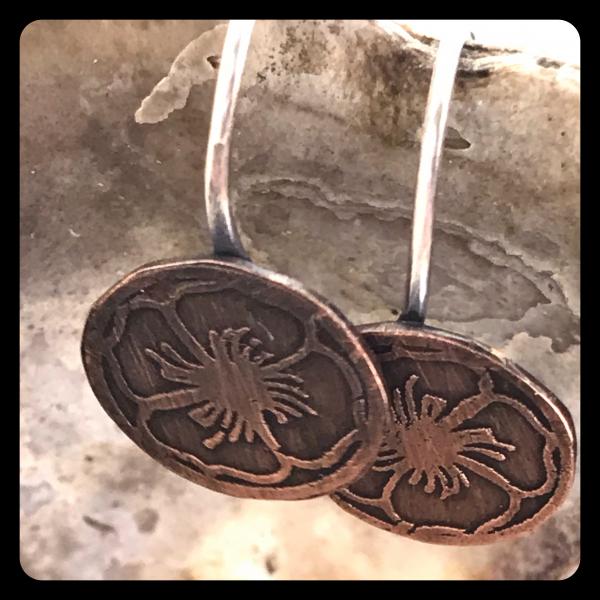 Dogwood Etched Copper and Sterling Silver Earrings picture