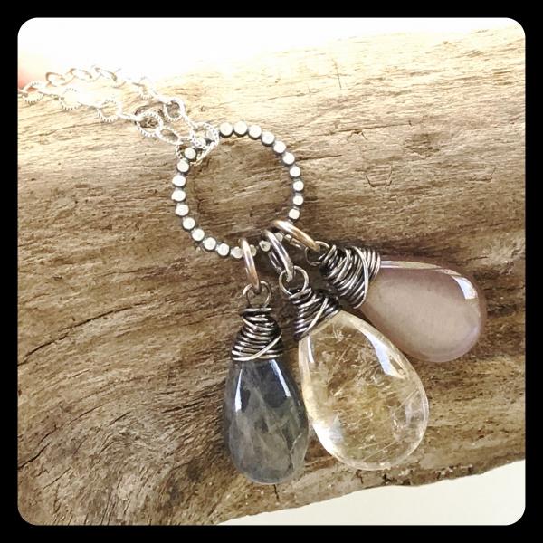 Rutilated Quartz, Labradorite, Moonstone Necklace on sterling silver picture