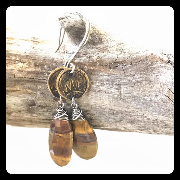 Tigers Eye Sunrise Etched Copper and Sterling Silver Earrings picture