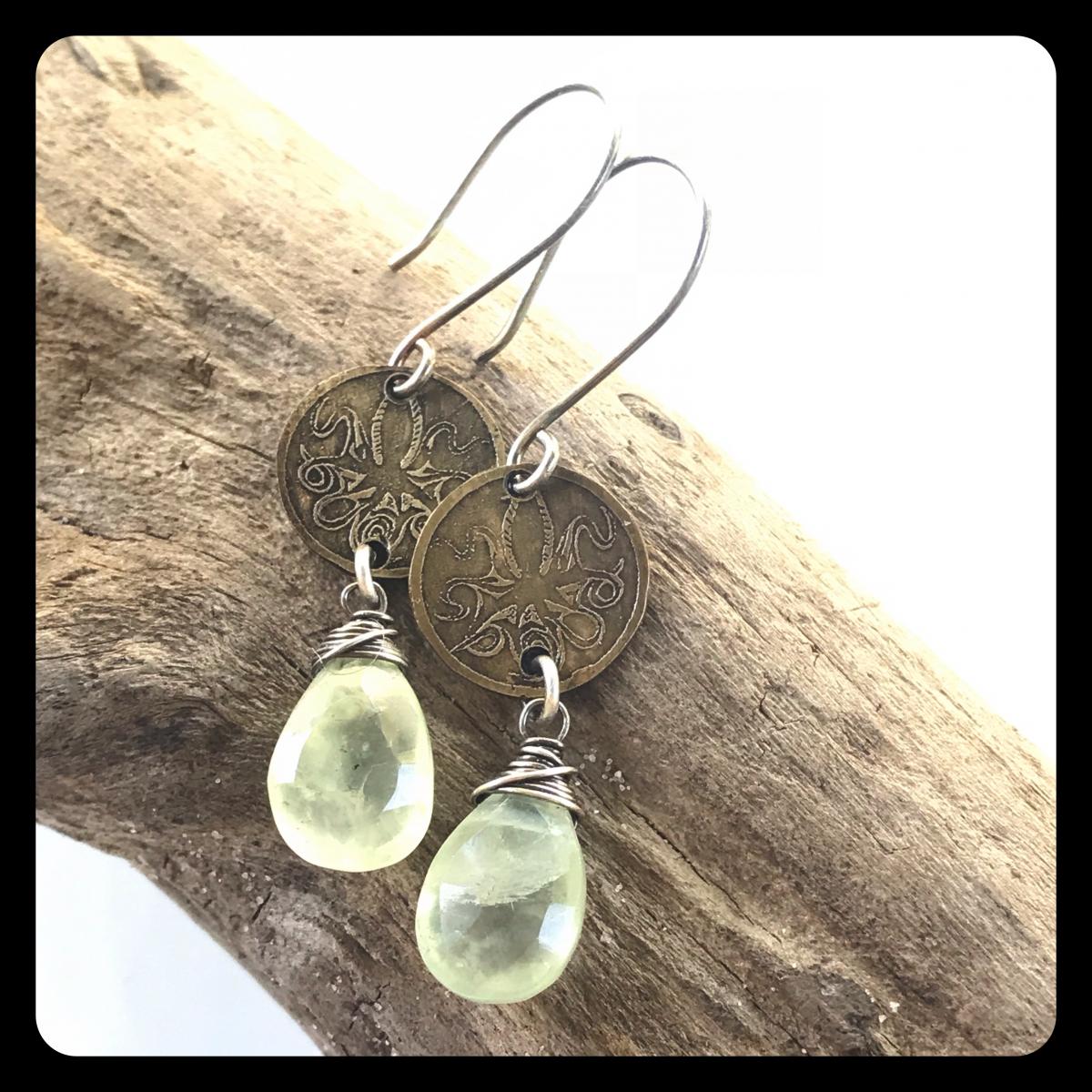 Prehnite Octopus Etched Brass and Sterling Silver Earrings picture