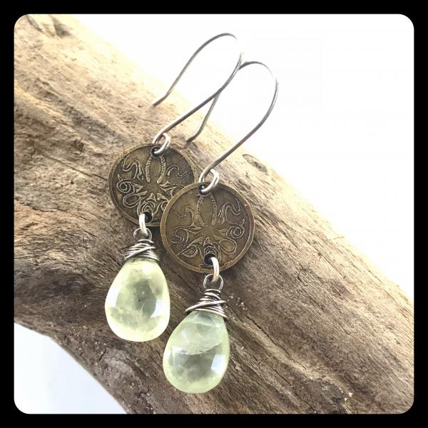 Prehnite Octopus Etched Brass and Sterling Silver Earrings picture