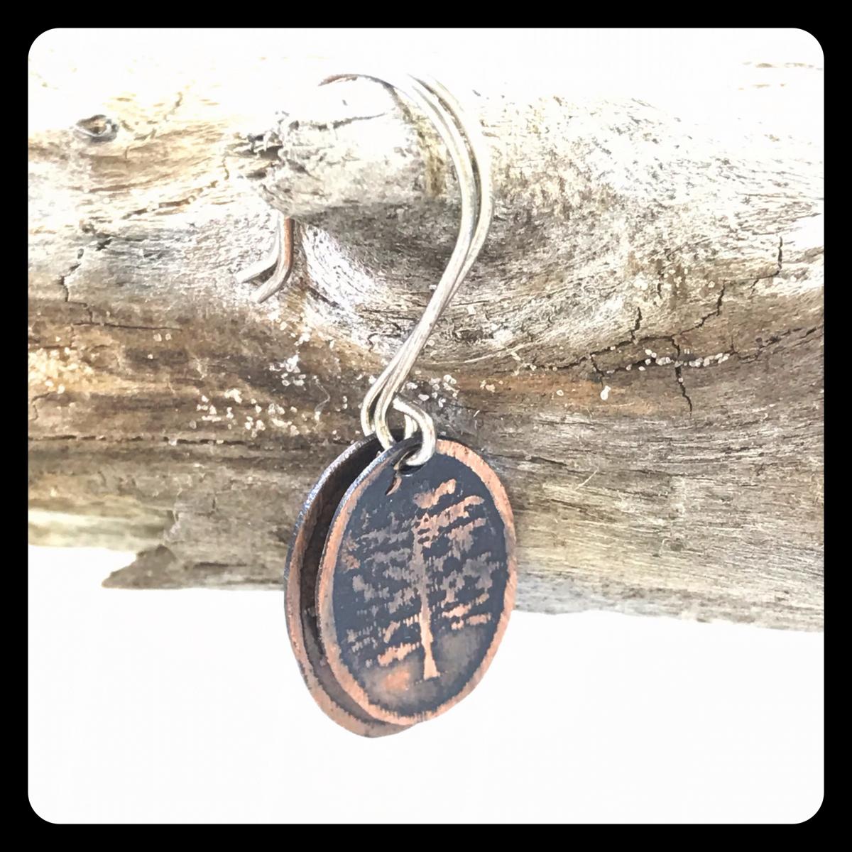 Cypress Tree Etched Copper and Sterling Silver Earrings picture