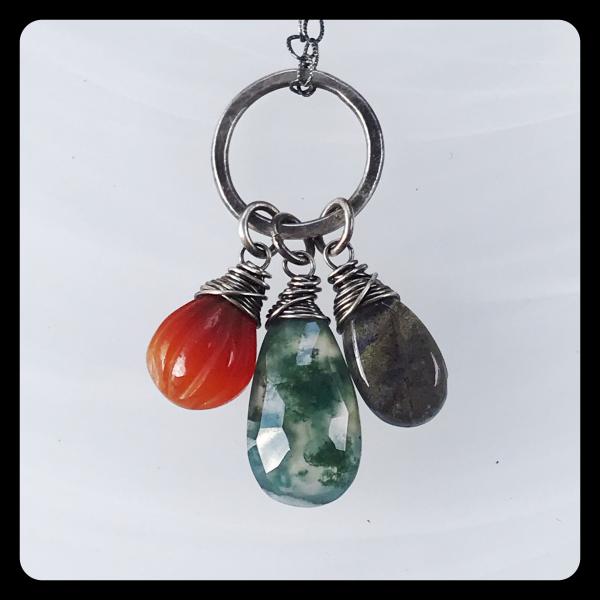 Labradorite, Carnelian, Moss Agate Cluster Necklace- sterling silver picture