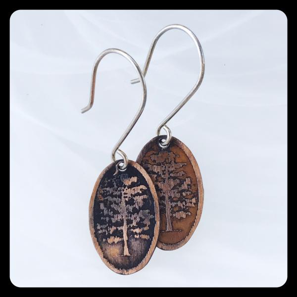 Cypress Tree Etched Copper and Sterling Silver Earrings picture
