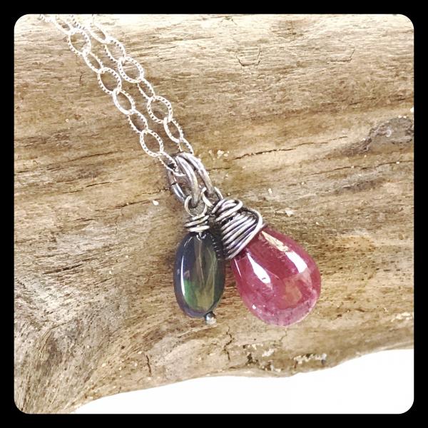 Black Ethiopian Opal, Ruby Cluster Necklace- sterling silver picture