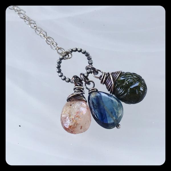 Oregon Sunstone, Tourmaline, Kyanite Cluster Necklace- sterling silver picture