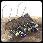 Amethyst Ethiopian Opal Fleur de Lis Etched Copper and Sterling Silver Earrings