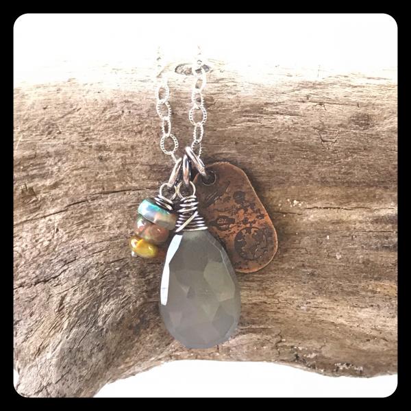 Moonstone, Ethiopian Opal, UFO etched charm Cluster Necklace- sterling silver picture