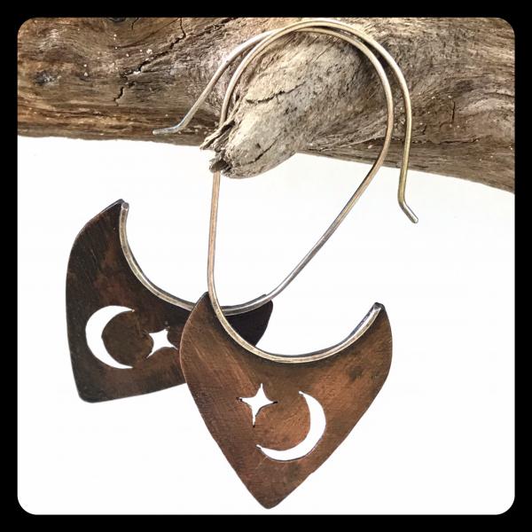 Copper Tooth Earring with Crescent Moon and Star Silhouette cut out picture