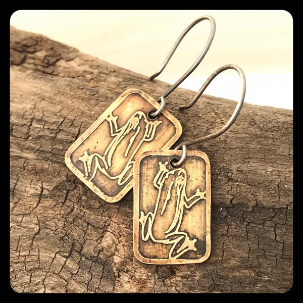 Tree Frog Etched Copper and Sterling Silver Earrings picture